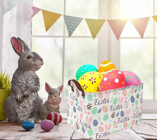Rectangular Easter baskets , Kids Easter Basket Organizer.Cute Storage Basket with Handles.Boys and Girls,Easter Bunny Eggs Decor,Books,Easter Gifts . (Easter bunny eggs)