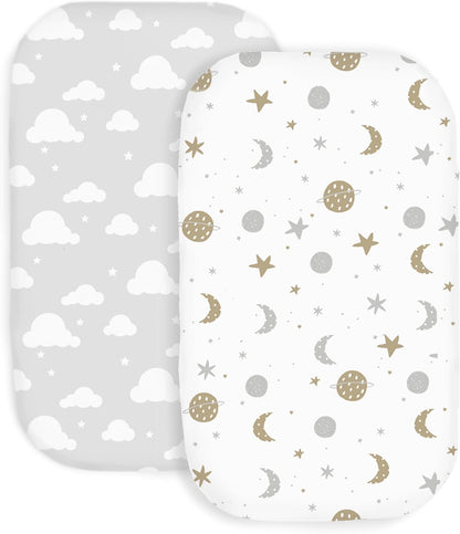 100% Organic Cotton 2 Pk Bedside Sleeper Bassinet Fitted Mattress Sheets Perfectly Compatible with Mika Micky, Baby Delight, Ronbei, Chicco, Cloud Baby, AMKE, Angelbliss, Arm's Reach. Cloud, Stripe