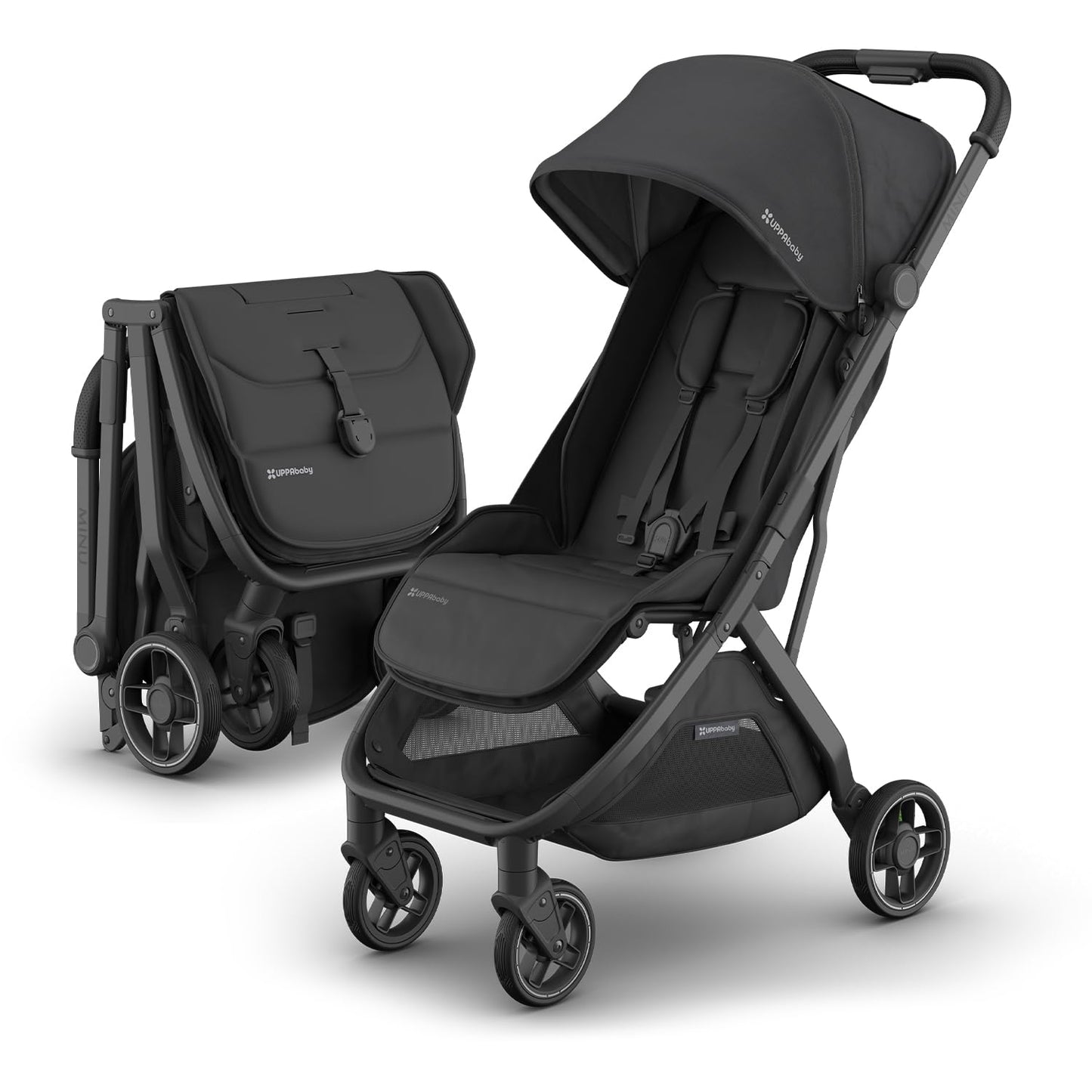 UPPAbaby Minu V3 Travel Stroller | Lightweight + Compact Design | One-Hand Fold + Unfold | from Birth + Overhead Compatible | Evelyn (Meadow Green/Carbon Frame/Chestnut Leather)