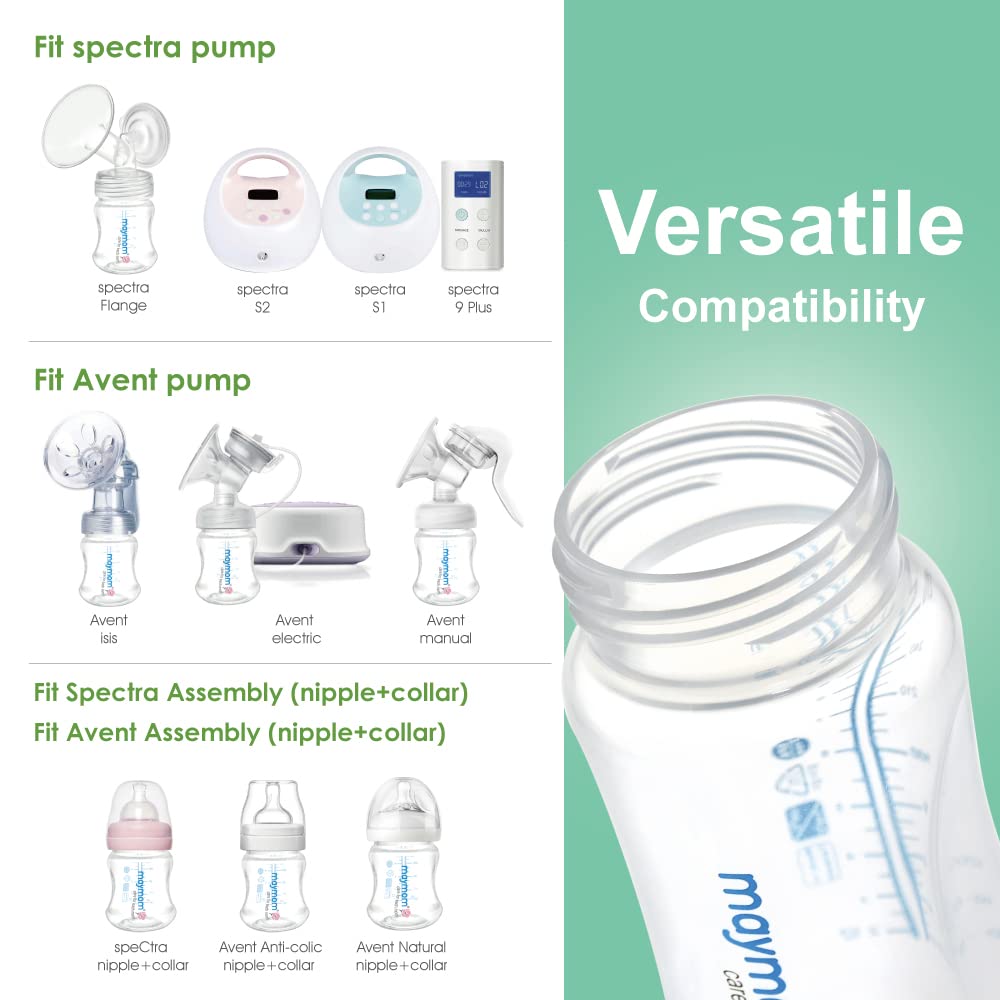 Maymom Wide-Mouth Milk Storage Feeding Collection Bottle with Nipple, Dome Cap, Bottle Top, SureSeal Sealing Disk; Compatible with Spectra Pump/Motif Luna; 5 pc (4.7Oz/140mL)