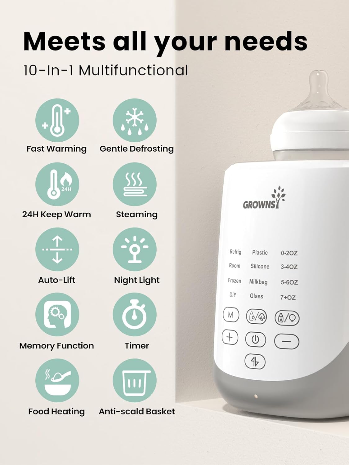 Grownsy Nutri Bottle Warmer with Innovative Auto-Lift Feature, 10-in-1 Fast Baby Bottle Warmer with Night Light, Retain Nutrients Milk Warmer for All Bottles