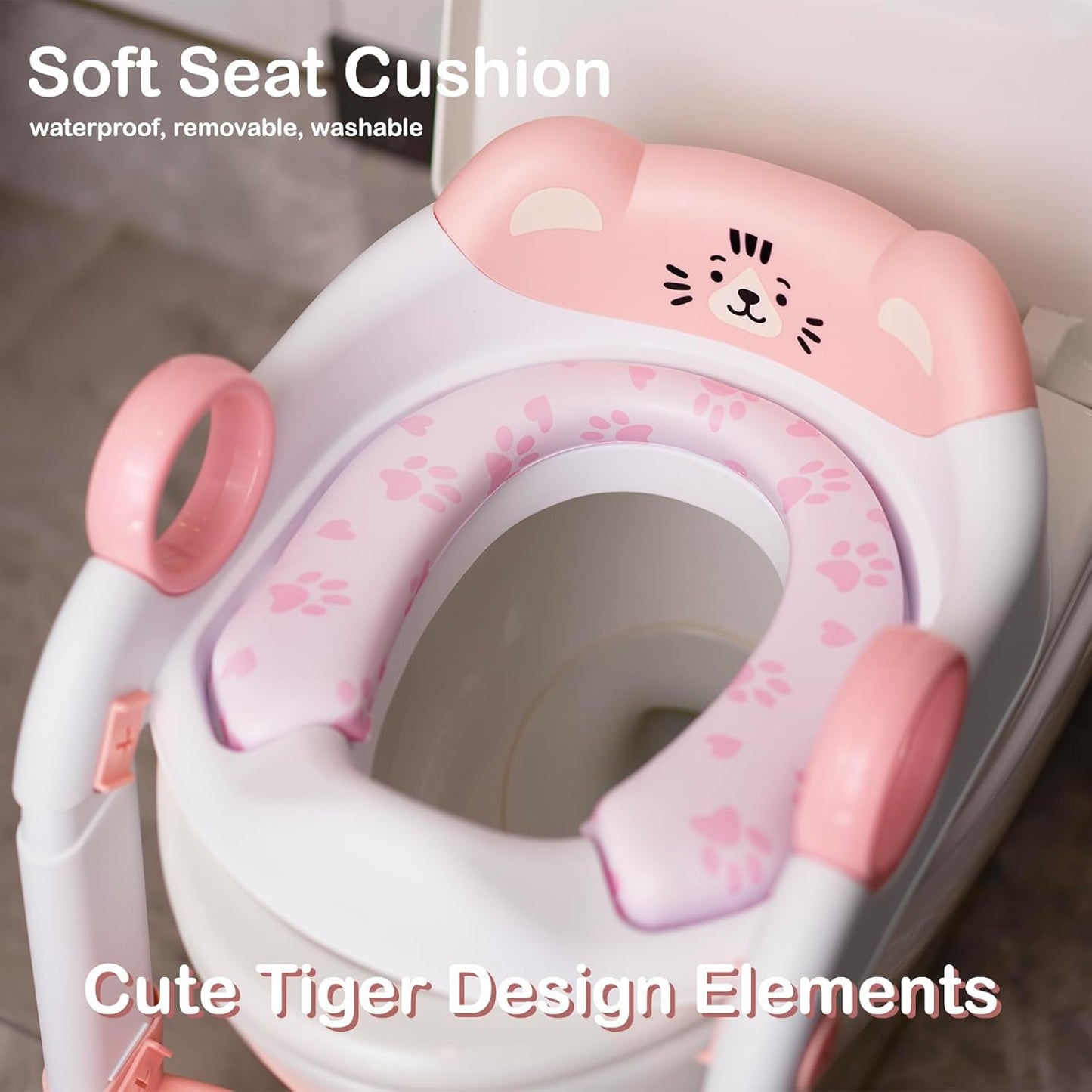 Potty Training Seat, Cute Tiger Design Elements, Foldable Toilet Seat with Soft Cushion, Suitable for Both Boys and Girls, with Splash Guard Anti-Slip Pad Step Stool(Pink)