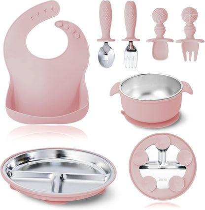 7 Pieces 304 Stainless Steel Baby & Toddler Feeding Set - Suction Divided Plates, Bowls, Silicone & Stainless Spoon Fork,Pocket Bib Unbreakable, Dishwasher Safe Kids Dinnerware Essentials (Blue)
