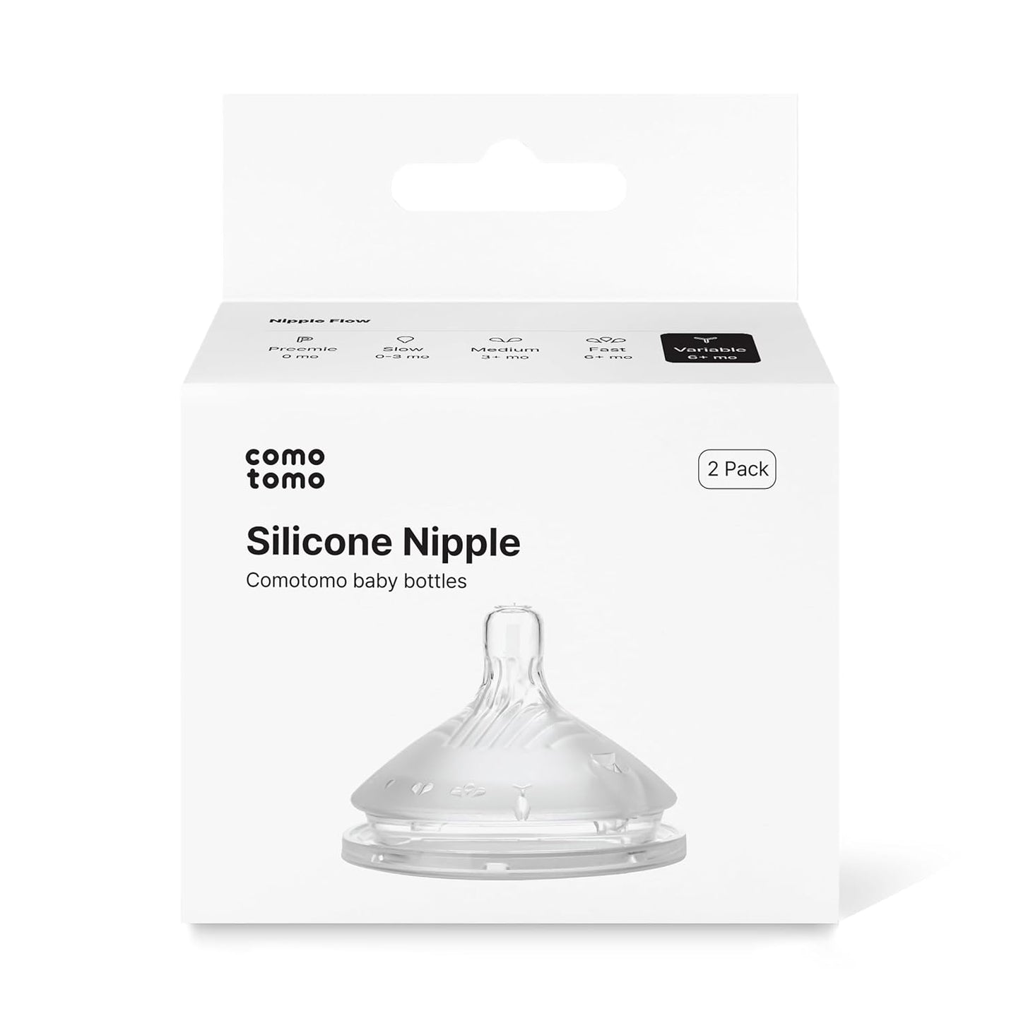 Comotomo Silicone Replacement Nipples for Baby Bottle Gen 2 (2026 Release) - Soft, Silicone Nipples with Dual Anti-Colic Vents Designed for Natural Latch (Pack of 2), Fast Flow (6+ Months)