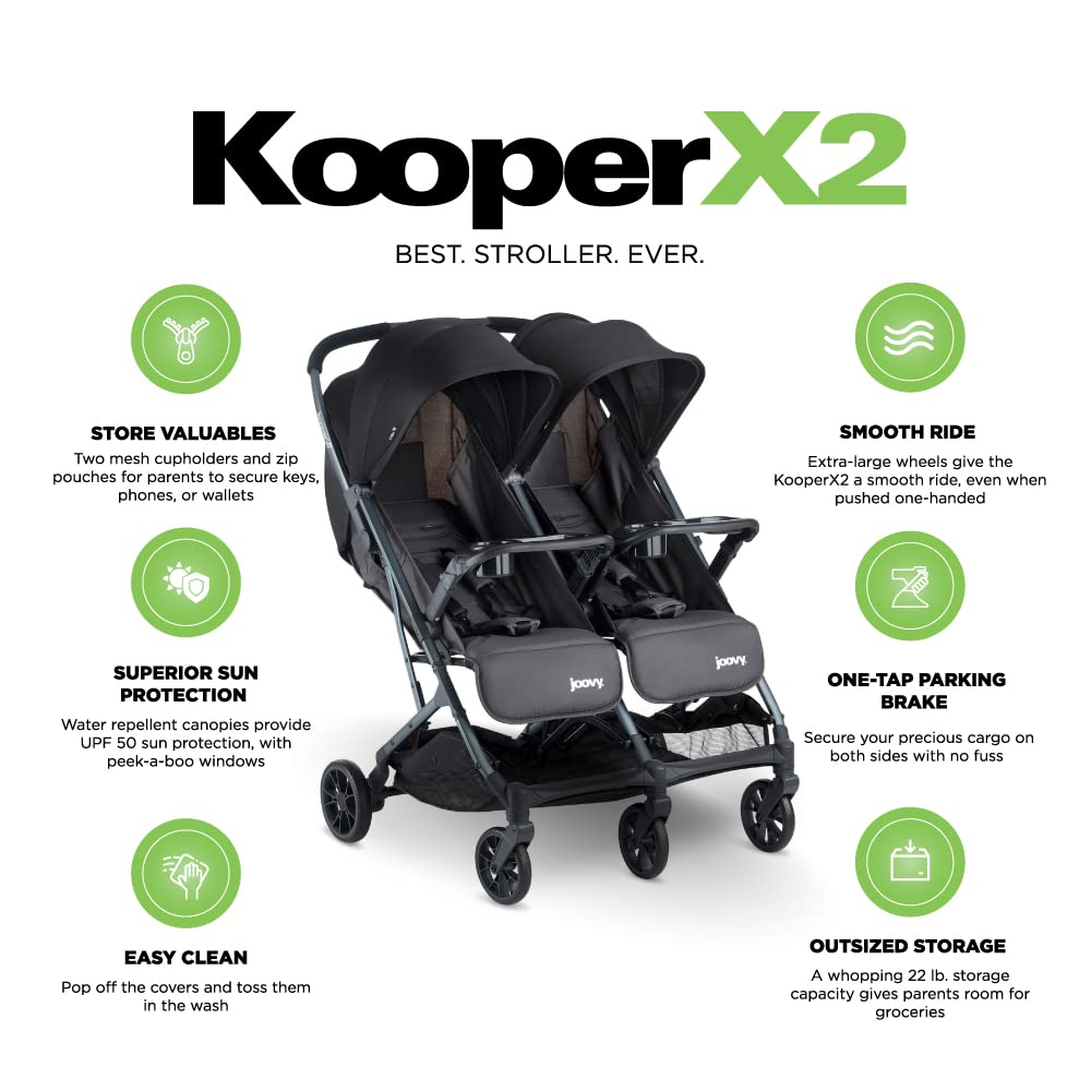Joovy Kooper X2 Double Stroller, Lightweight Travel Stroller, Compact Fold with Tray, Black