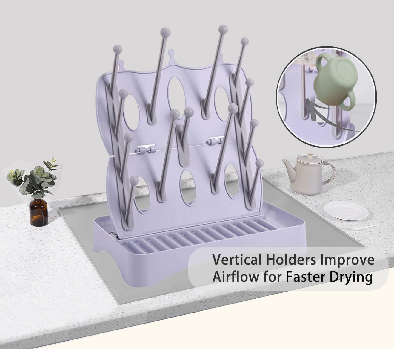 Portable Bottle Drying Rack with Drain Mat, Foldable & Space Saving Drying Rack for Baby Bottles, Pump Parts,Cups,Pacifiers, and Reusable Ziplock Dryer Rack(Grey Drying Rack with Drain Mat)