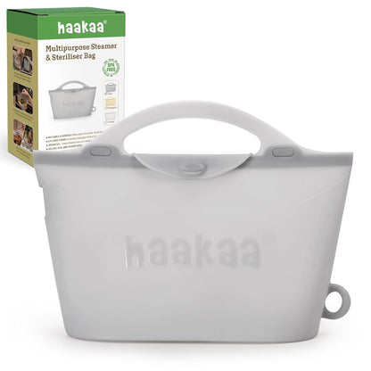 Haakaa On-The-Go Silicone Microwave Steam Sterilizer Bags for Travel, 40oz/1250ml Reusable Silicone Steaming Bags for Baby Bottles, Breast Pump, Accessories, Pacifiers, Teethers,Grey/1PC