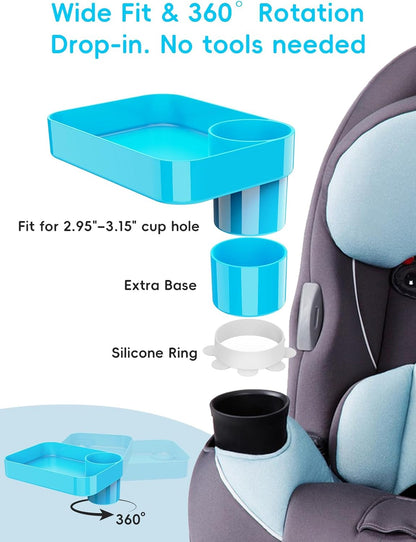 Car Seat Cup Holder Snack Tray for Kids, Reduces Mess, Detachable Large Base & Adjustable Ring, Carseat Tray for Toddler, Car Seat Food Tray Table for Kid Travel Road Trip Essentials -Light Gray