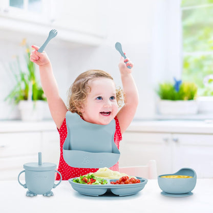 Silicone Feeding Set|Baby Led Weaning Supplies|Suction Plate Bowl Set with Bib, Spoon, Fork, Sippy Cup|Feeding Eating Supplies BPA Free