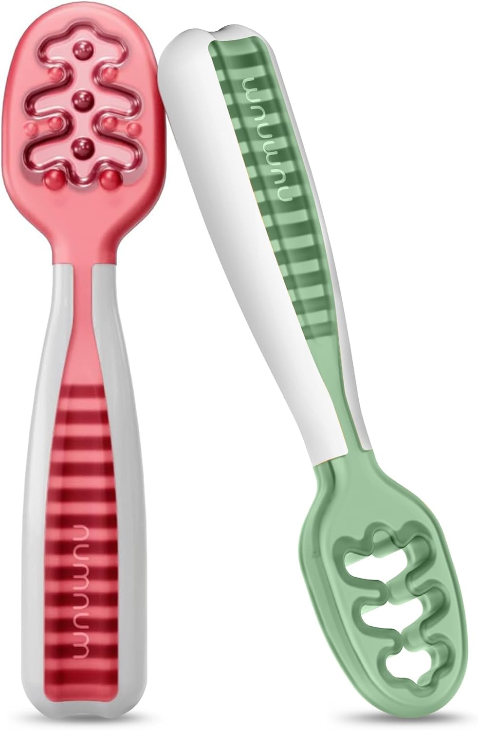 NumNum Baby Spoons Set, Baby Essentials Pre-Spoon GOOtensils for 6+ Months, First Stage Self-Feeding Spoons for Baby Led Weaning (BLW), Silicone Toddler Utensils, BPA-Free, 2 Pack Gray/Green