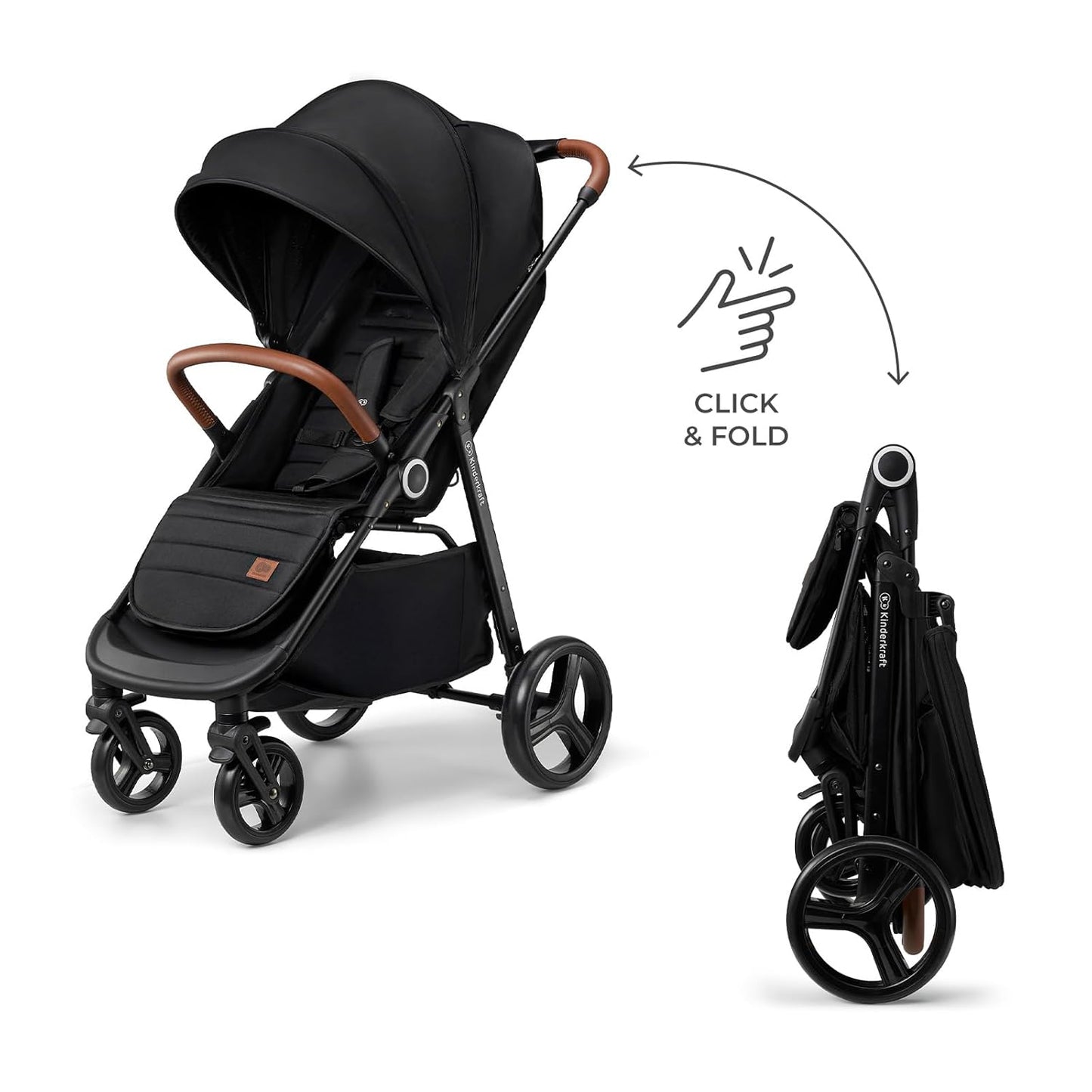 Kinderkraft Grande Plus Kinderkraft Buggy from Birth to 48.5 lb, one-Hand Folding, Reclining Position, Large Canopy with Window, All 4 Wheels dampened, Spacious seat, Black