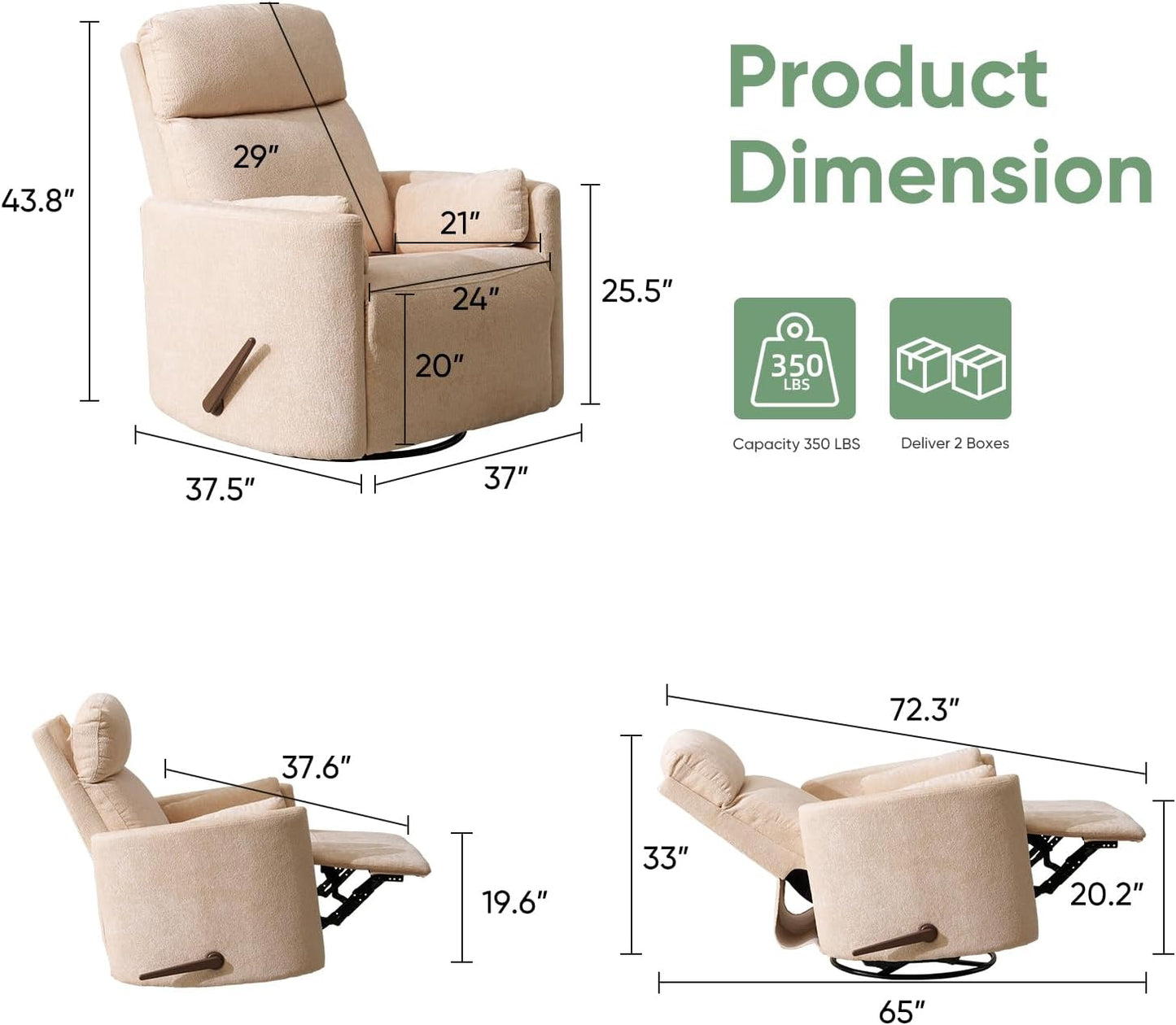 Oversized Swivel Rocker Recliner Chair with Heat and Massage, Rocking Chair with Adjustable Headrest, Manual Recliner, Glider Recliner with 2 Pillows, Chenille White