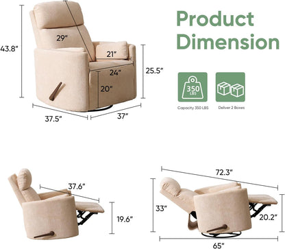 Oversized Swivel Rocker Recliner Chair with Heat and Massage, Rocking Chair with Adjustable Headrest, Manual Recliner, Glider Recliner with 2 Pillows, Chenille White