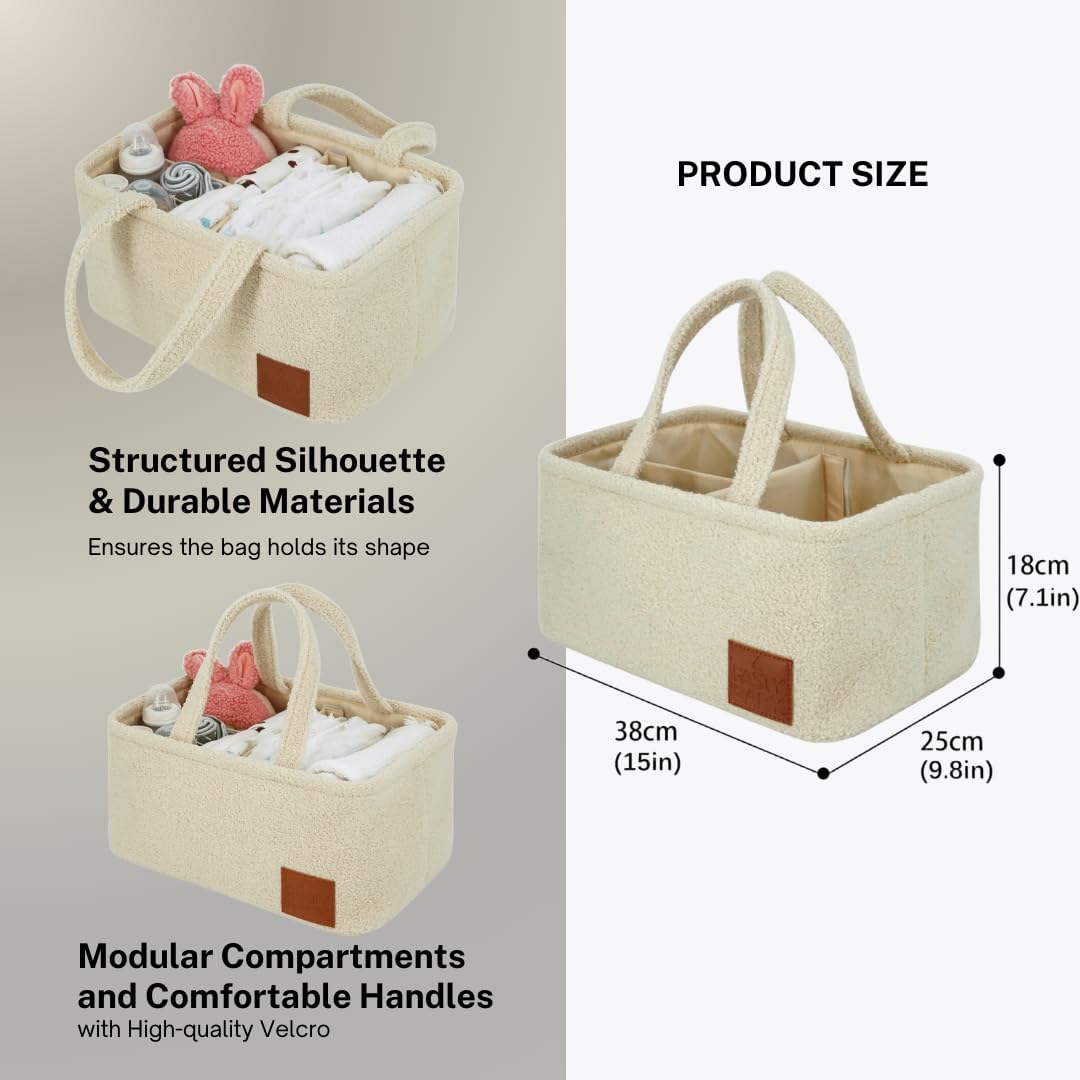 Baby Diaper Caddy Organizer: Soft Beige Teddy Wool - Portable Diaper Caddy, Car Organizer - Newborn Essentials Must Have - Nursery Storage Basket for Baby Essentials. Baby shower & Newborn Gift Idea