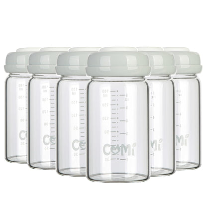 COMI Wide Neck Glass Breastmilk Collection n Storage Bottle, 4 Packs,10oz with Screw Ring Sealing Disk,Re-markable Sealing Disc,BPA Free,Fits Breast Pumps&Nipples(4 Green Lids)