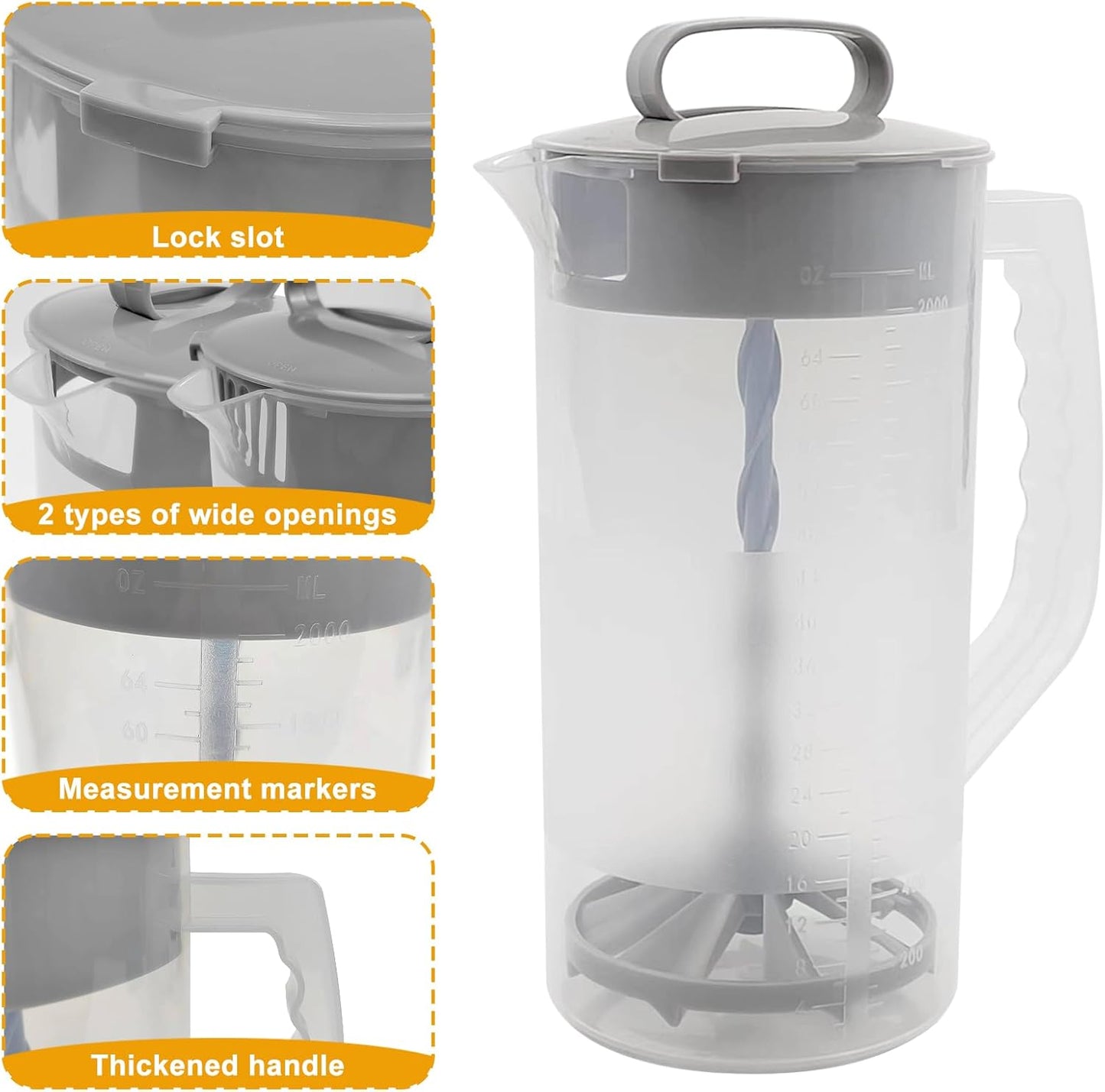 1 Pack Mixing Pitcher for Drink, 2 Quart/ 64oz Plastic Water Pitcher with Lid and Clean Sponge Brush, Angled Plastic Blades and Adjustable Mixer Plunger for Juice, Milk, Beverage Container