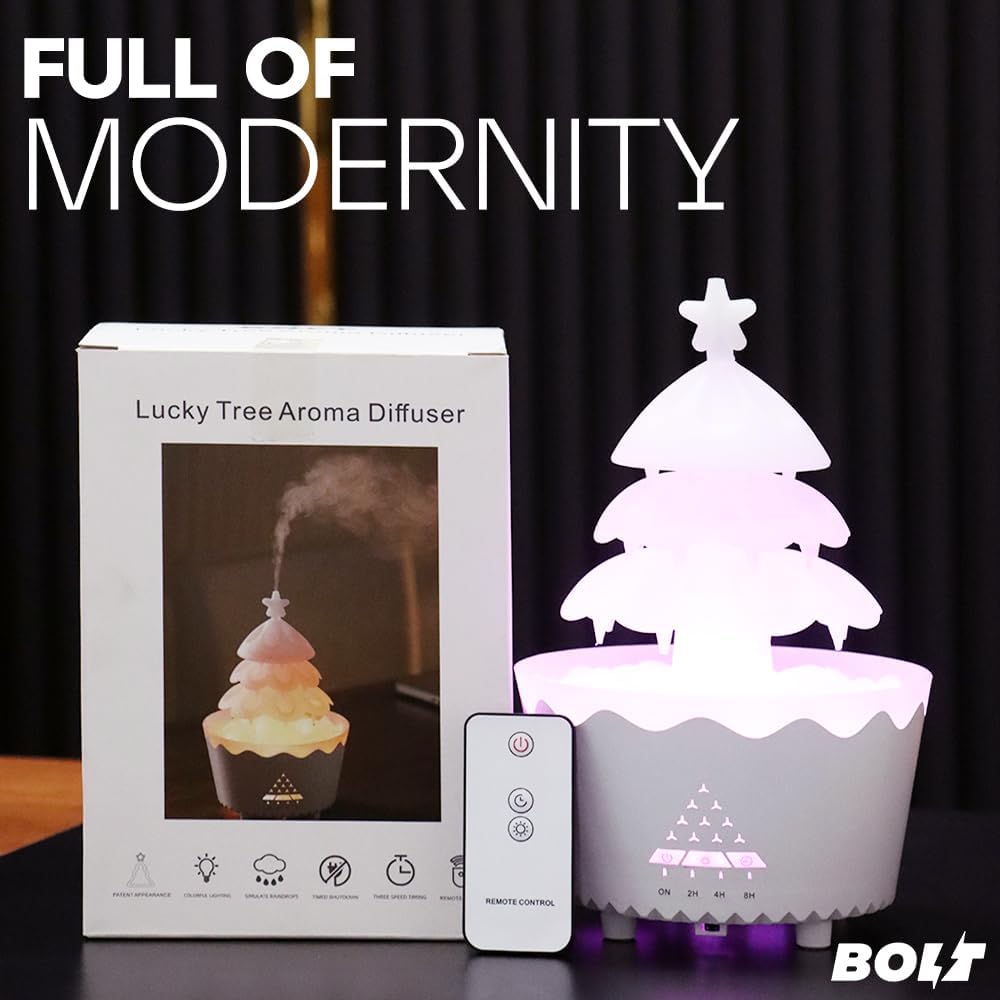 BOLT Pine Tree Humidifier 250ml - Ultrasonic Cool Mist Humidifier, Compact Design, Modern Aesthetic, Humidity Control for Dry Seasons, 7 Color Settings, Great For Bedroom, Nursery, Office, Lounge