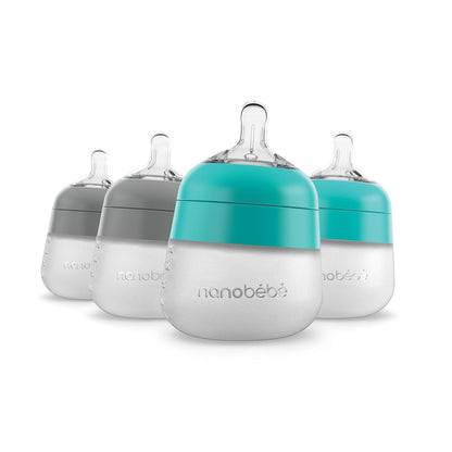 Nanobebe Flexy Silicone Baby Bottle, Anti-Colic, Natural Feel, Non-Collapsing Nipple, Non-Tip Stable Base, Easy to Clean 4-Pack, Pink/White, 5 oz