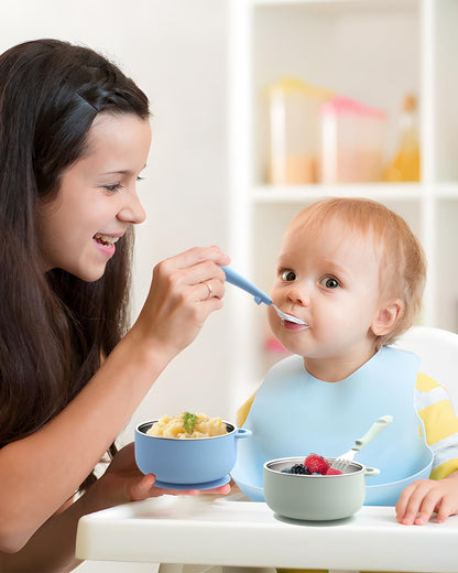 Bakpoco Toddler Bowls with suction & Utensils Set, 2-in-1 Stainless Steel 304 Kids Feeding Bowl & Silicone Suction Baby Bowl with Spoons and Forks, First Self-feeding Training Set, Organic Bloom