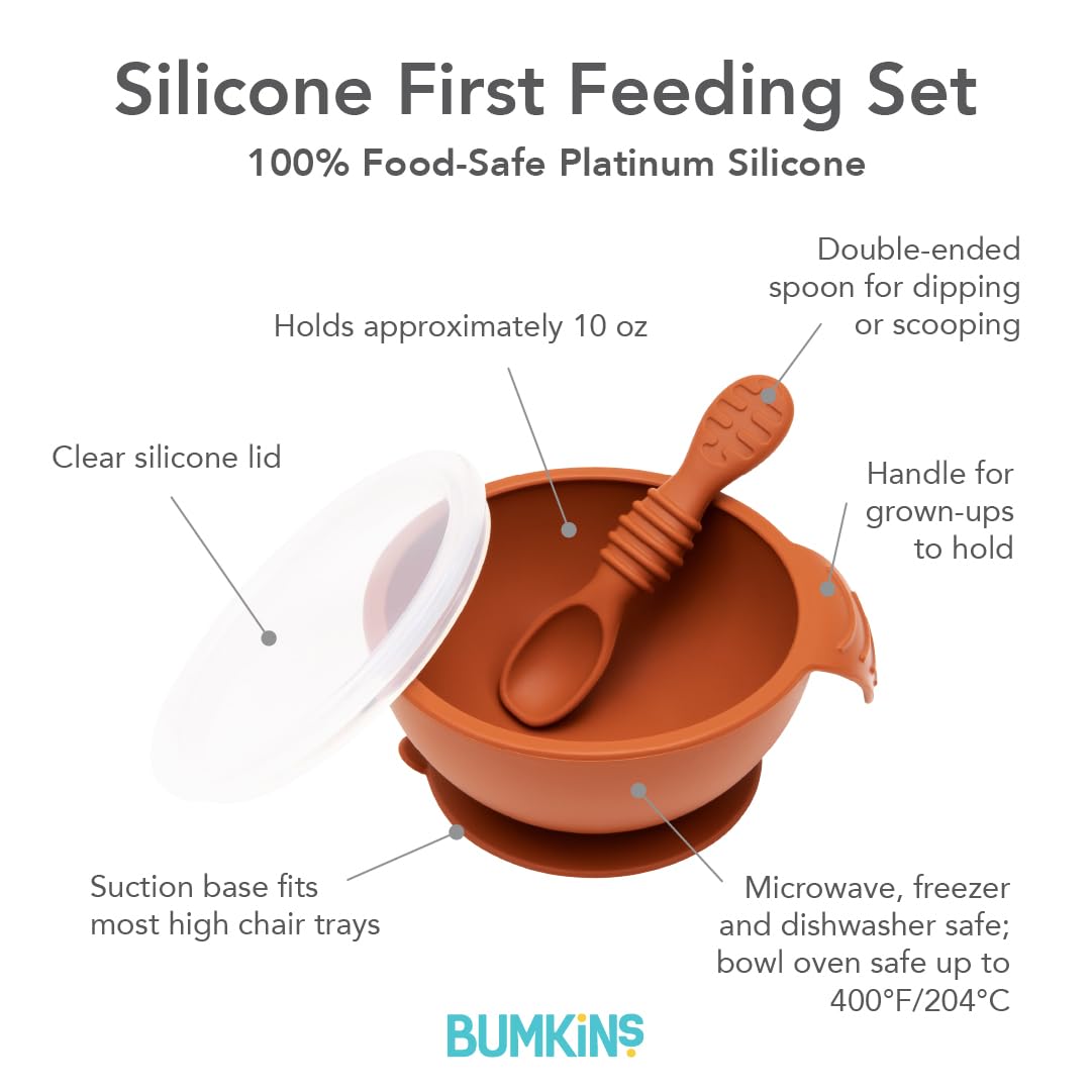 Bumkins Baby Bowl, Silicone Feeding Set with Suction for Baby and Toddler, Includes Spoon and Lid, First Feeding Set, Training Essentials for Baby Led Weaning for Babies 4 Months Up, Sage