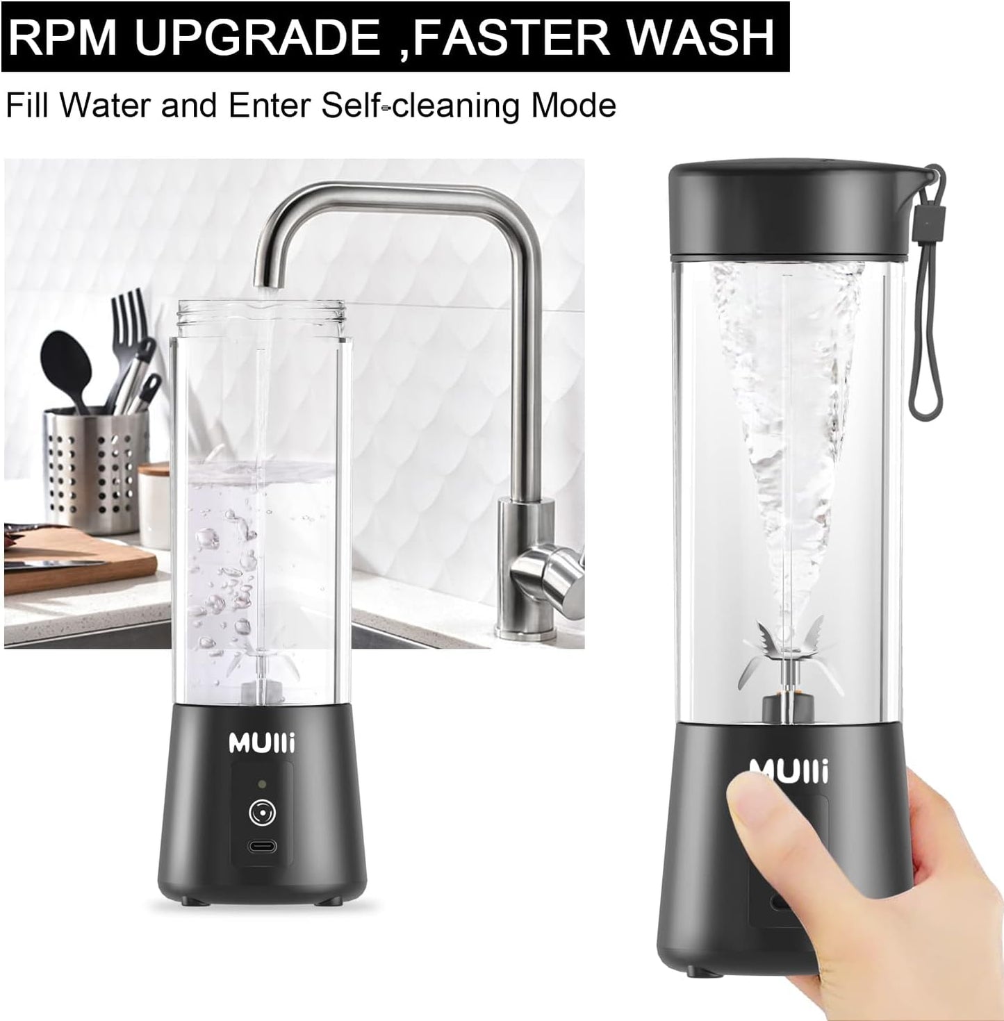 ‌Mulli Portable Blender 14oz-USB Rechargeable Smoothie Maker with 6 Stainless Steel Blades, Personal Mini Blender for Shakes, Baby Food, Travel, Gym & Kitchen, BPA-Free