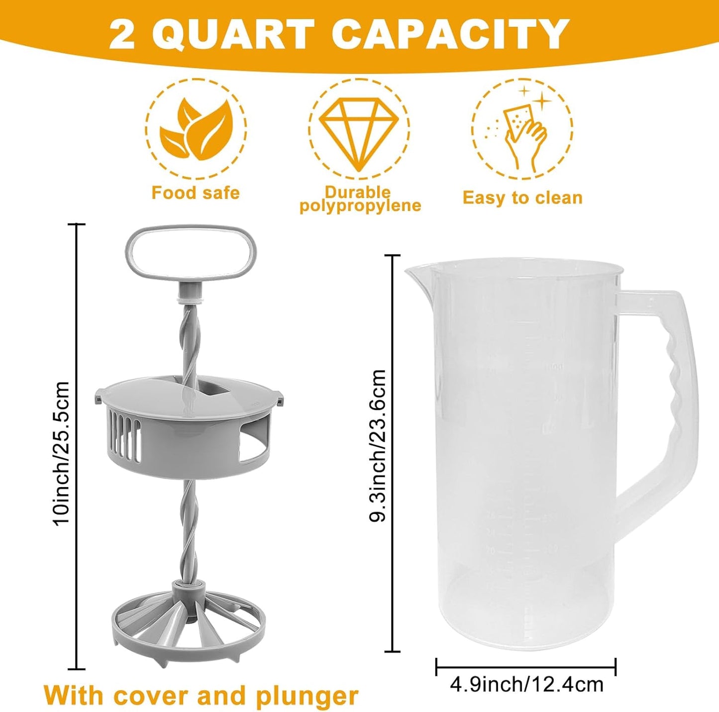 1 Pack Mixing Pitcher for Drinks 2 Quart/ 64oz Plastic Water Pitcher with Lid，Easy-Mix Juice Container，Angled Plastic Blades and Adjustable Mixer Plunger for Juice, Tea, Beverage Container