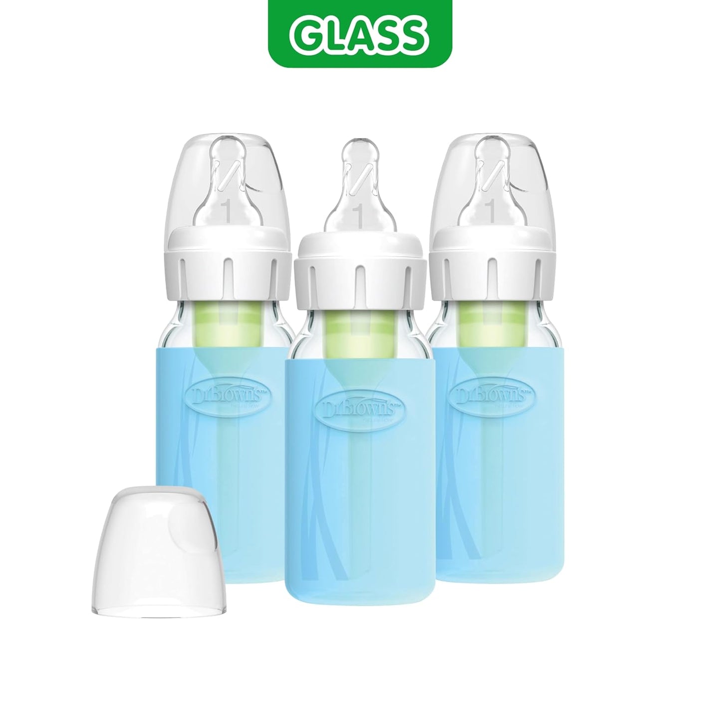 Dr. Brown's Anti-Colic Options+ Narrow Glass Baby Bottles 8 oz/250 mL, with Level 1 Slow Flow Nipple, 3 Pack 0m+ with Mint 100% Silicone Sleeves, BPA-Free
