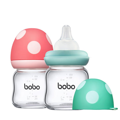 YOHKOH Natural Glass Baby Bottle with Level 1 Slow Flow Nipple, Newborn Anti-Colic Baby Bottles, Wide Neck Mushroom Baby Glass Bottle (Multicolour-A, 3.4oz (Pack of 4))