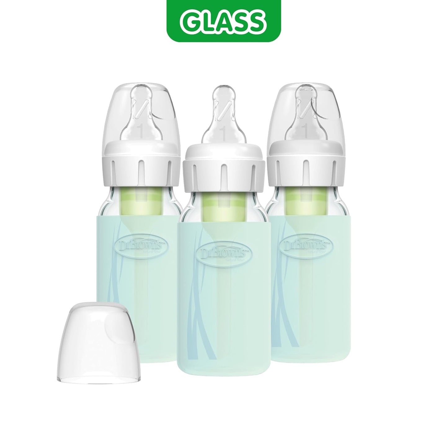 Dr. Brown's Anti-Colic Options+ Narrow Glass Baby Bottles 8 oz/250 mL, with Level 1 Slow Flow Nipple, 3 Pack 0m+ with Mint 100% Silicone Sleeves, BPA-Free