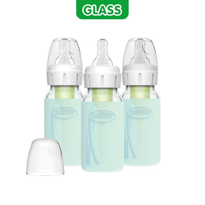 Dr. Brown's Anti-Colic Options+ Narrow Glass Baby Bottles 8 oz/250 mL, with Level 1 Slow Flow Nipple, 3 Pack 0m+ with Mint 100% Silicone Sleeves, BPA-Free