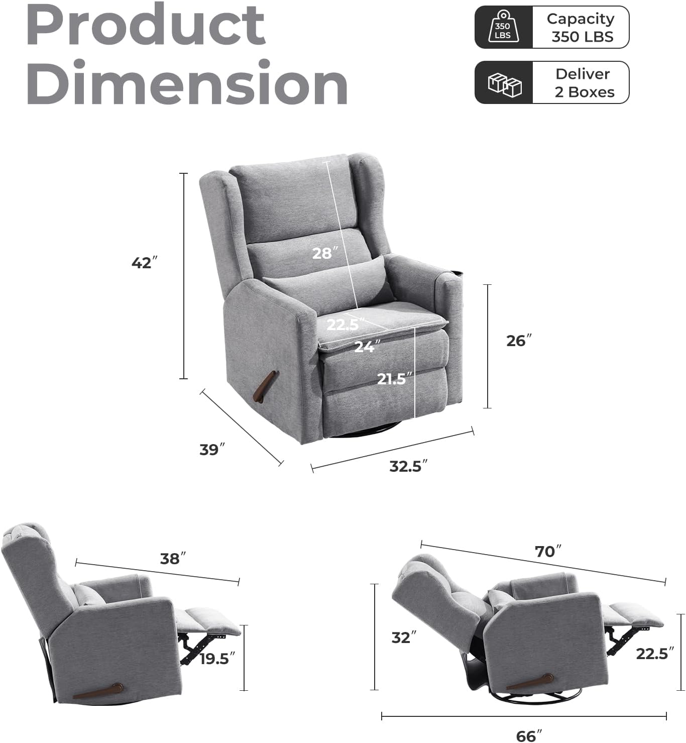 Large Glider Rocker Recliner,Rocking Chair Nursery with Adjustable Headrest,Swivel Rocker Recliner with Lumbar Support,Manual Nursery Rocker Recliner for Living Room& Bedroom,Chenille White