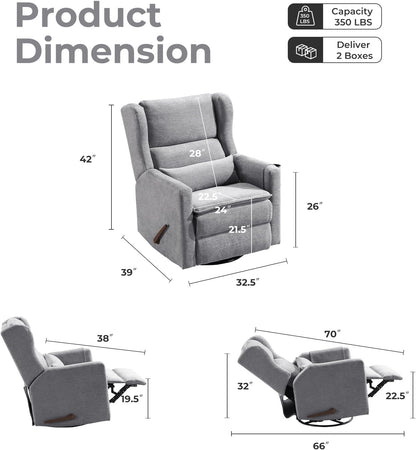 Large Glider Rocker Recliner,Rocking Chair Nursery with Adjustable Headrest,Swivel Rocker Recliner with Lumbar Support,Manual Nursery Rocker Recliner for Living Room& Bedroom,Chenille White