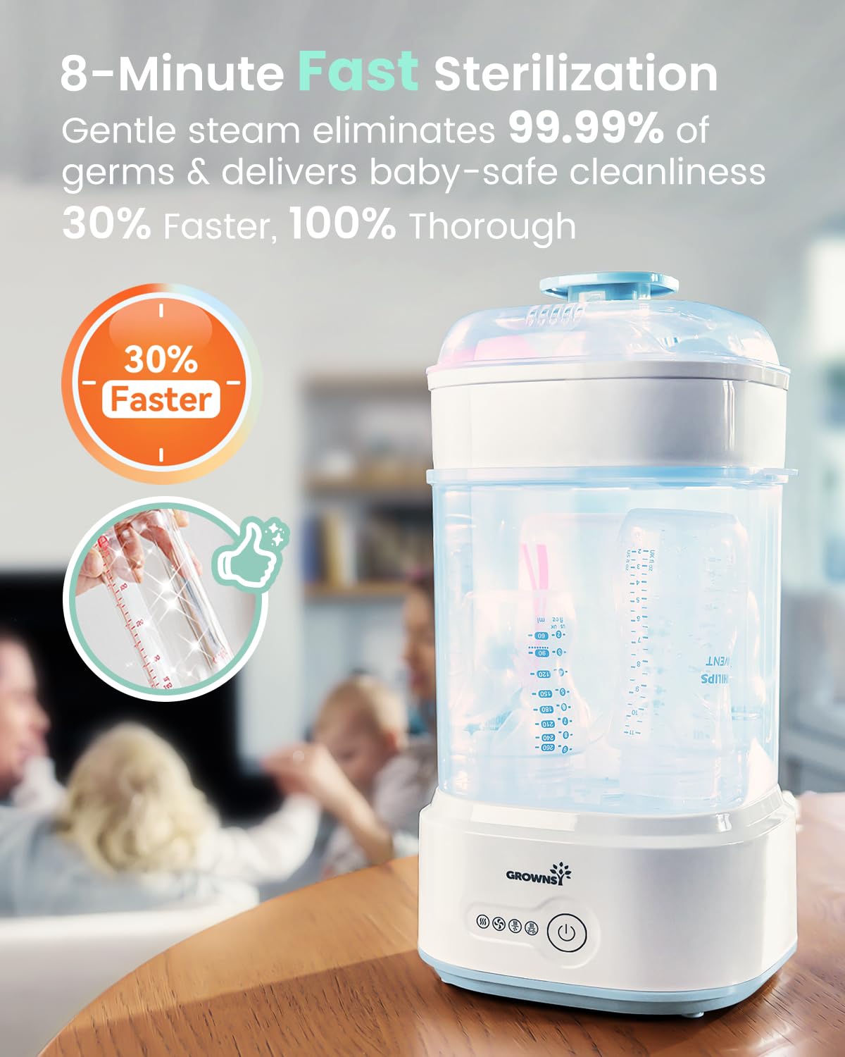 GROWNSY Bottle Sterilizer and Dryer, Compact Electric Steam Baby Bottle Sterilizer (Esterilizador de Biberones), Bottle Sanitizer for Baby Bottles, Pacifiers, Pump Parts