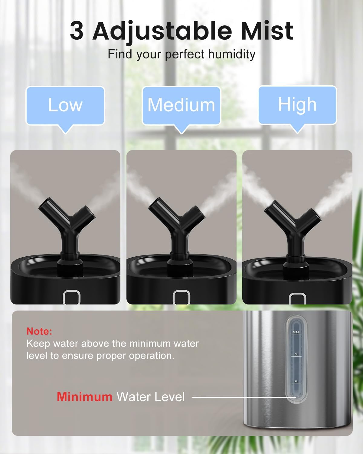 Feekaa Stainless Steel Humidifier Dishwasher Safe, 4L/1Gal Cool Mist Humidifiers for Bedroom, Easy Clean Humidifier Large Room, Humidifiers for Baby Nursery Living Room Office Plant, Black