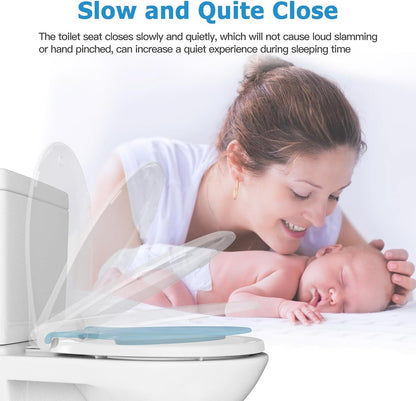 Elongated Toilet Seat with Built in Potty Training Seat, Potty Training Toilet Seat for Toddlers, Magnetic Kids Seat and Cover, Slow Close and Never Loosen, Fits both Adult and Child, White, 19"