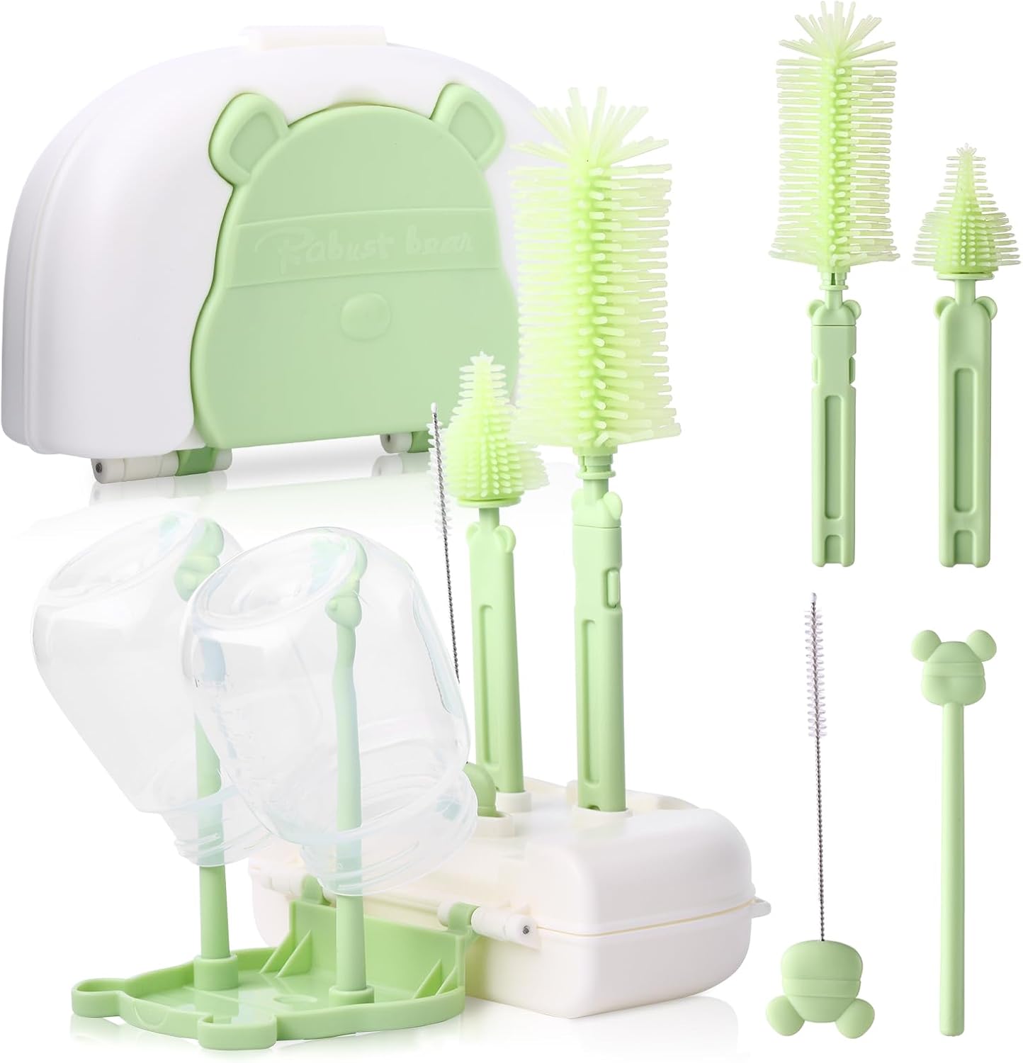 Baby Bottle Cleaner Brush Set Bottle Cleaner Brush Set Portable Bottle Cleaning Kit Set Silicone Brush, Nipple Brush, Straw Brush, Dispense Detergent Dispenser, Drying Rack - 6 in 1