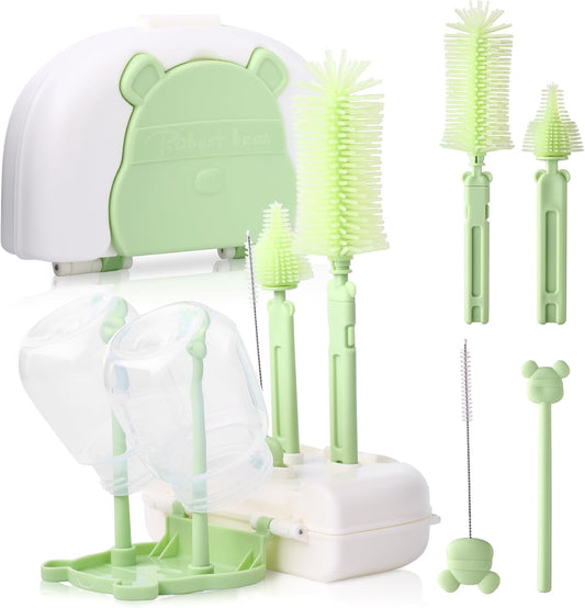 Baby Bottle Cleaner Brush Set Bottle Cleaner Brush Set Portable Bottle Cleaning Kit Set Silicone Brush, Nipple Brush, Straw Brush, Dispense Detergent Dispenser, Drying Rack - 6 in 1