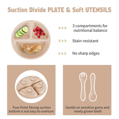Silicone Feeding Set|Baby Led Weaning Supplies|Suction Plate Bowl Set with Bib, Spoon, Fork, Sippy Cup|Feeding Eating Supplies BPA Free