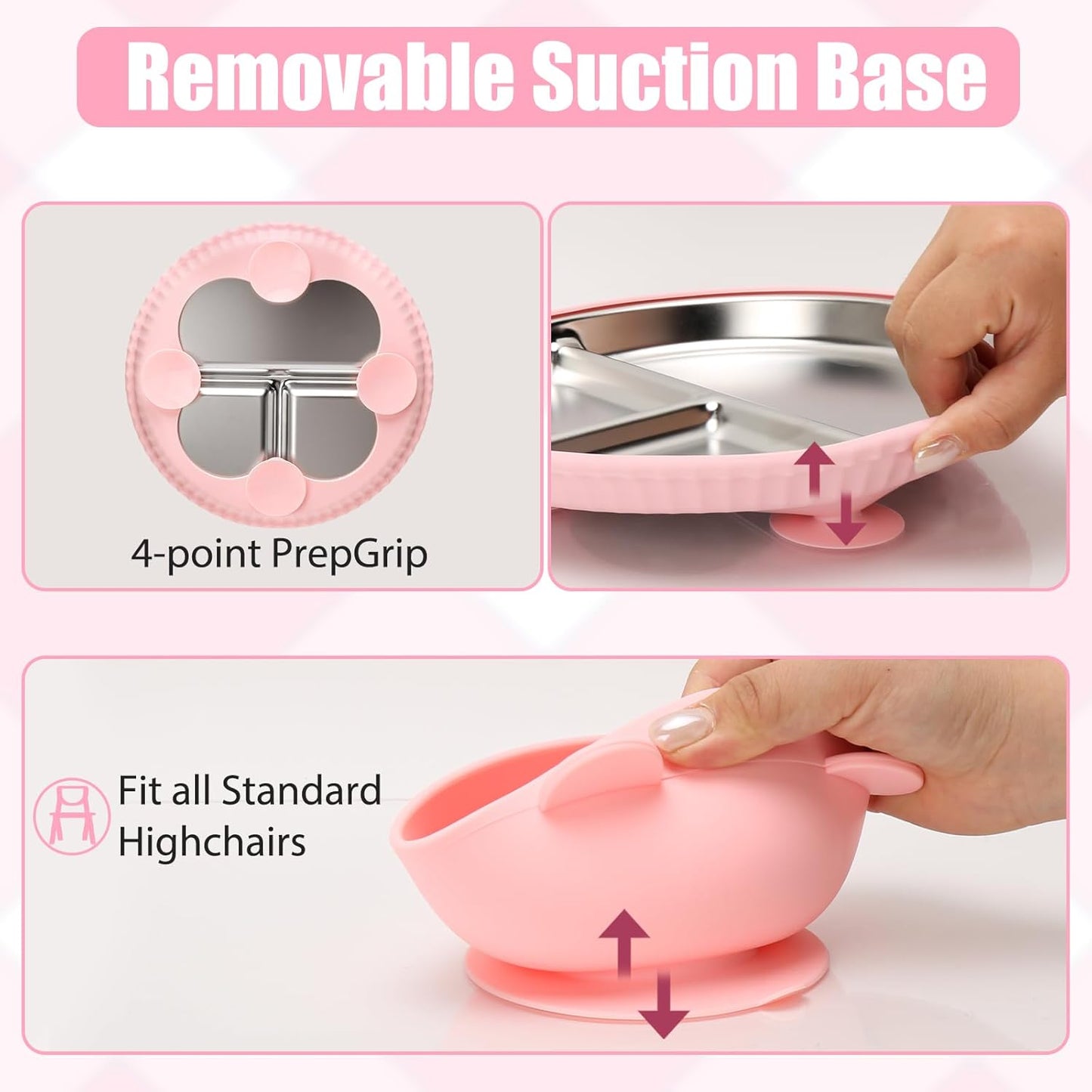 MISSLILI Stainless Steel Baby Plate and Bowls with Suction, Divided Kids Baby Plate and Toddler Bowl with Removable Silicone Suction, Non-Slip Baby Feeding Set Dishwasher Safe，4 Packs