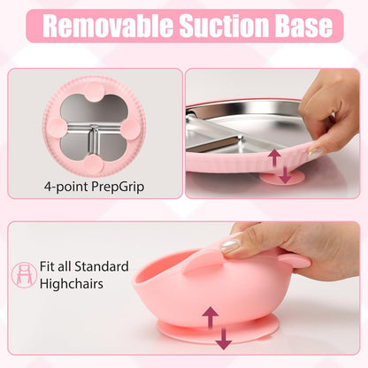 MISSLILI Stainless Steel Baby Plate and Bowls with Suction, Divided Kids Baby Plate and Toddler Bowl with Removable Silicone Suction, Non-Slip Baby Feeding Set Dishwasher Safe，4 Packs