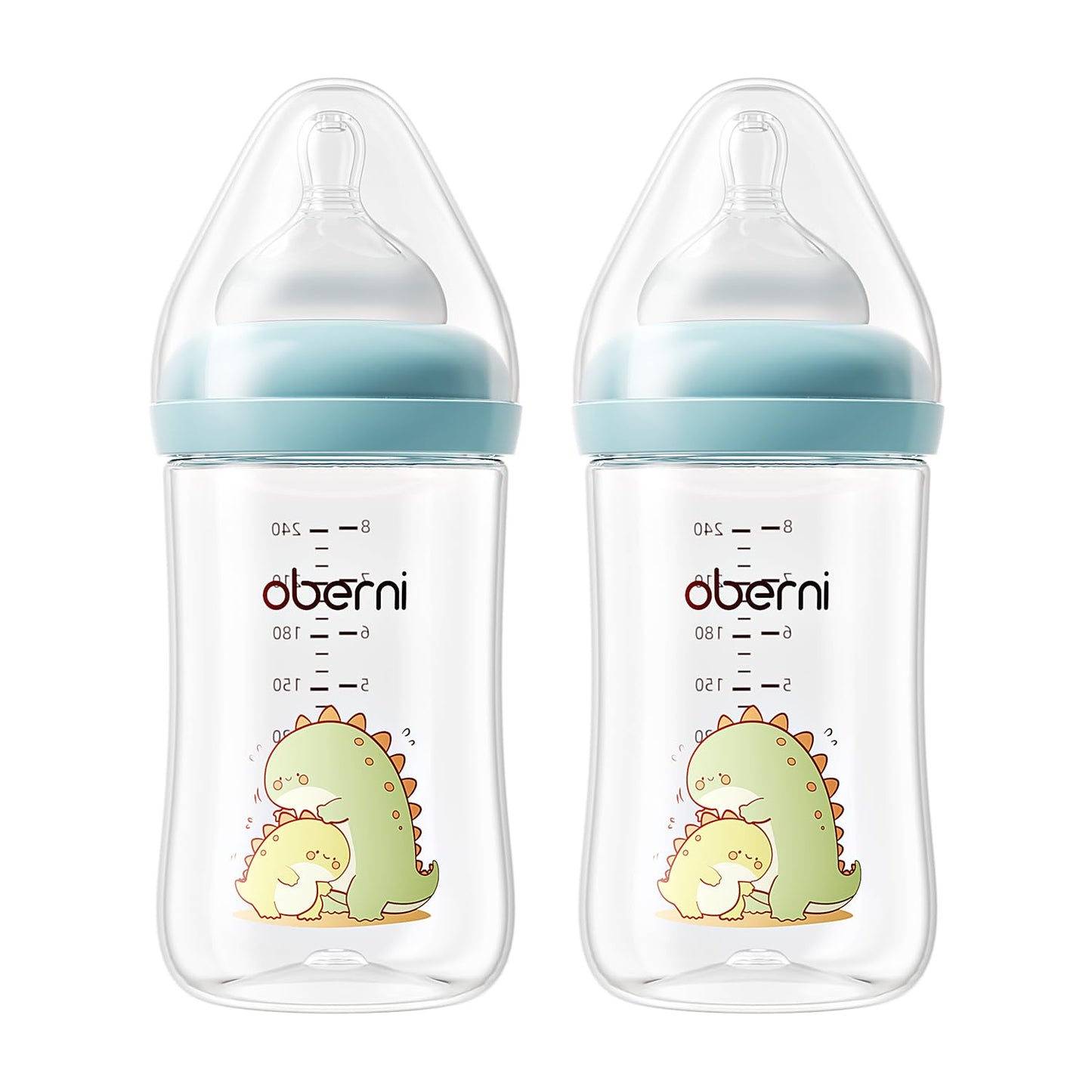 Oberni 240ml Baby Bottles, 8 Oz Wide-Neck Milk Feeding Bottle with Size M Teat for 3-6 Months Newborn Babies Blue/2 Pack