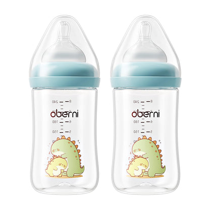 Oberni 240ml Baby Bottles, 8 Oz Wide-Neck Milk Feeding Bottle with Size M Teat for 3-6 Months Newborn Babies Blue/2 Pack
