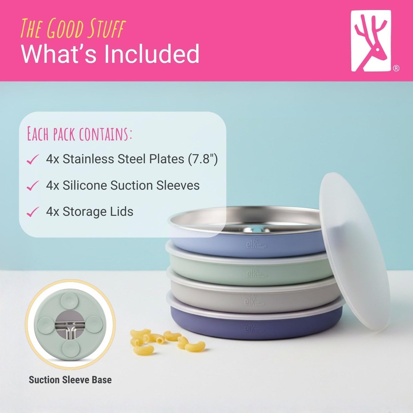 Elk and Friends Stainless Steel Divided Plates with Silicone Sleeve for Babies & Toddlers | Lids Included | Stay Put Suction | Dinner & Snack Plates | 4 Pack