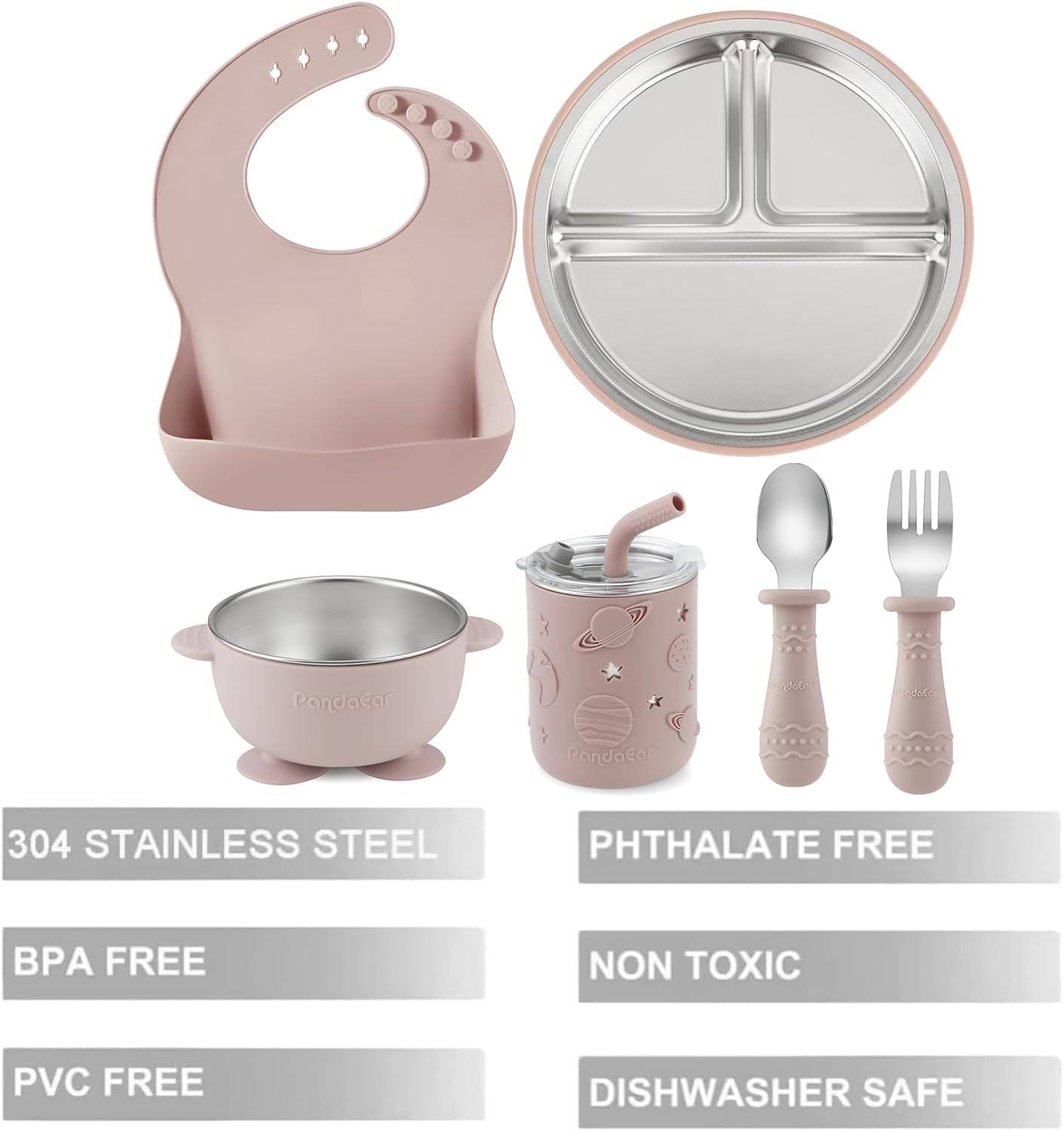 PandaEar 6-in-1 Stainless Steel Baby Feeding Set | Divided Suction Plate, Bowl, Sippy Cup with Straw, Bib, Spoon & Fork | BPA-Free Toddler Feeding Essentials for Self-Feeding (Blue)