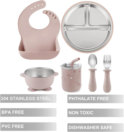 PandaEar 6-in-1 Stainless Steel Baby Feeding Set | Divided Suction Plate, Bowl, Sippy Cup with Straw, Bib, Spoon & Fork | BPA-Free Toddler Feeding Essentials for Self-Feeding (Blue)
