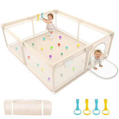 Baby Playpen with Mat 79x71inch - Extra Large Play Pen for Babies and Toddlers Indoor & Outdoor Baby Playard with Soft Breathable Mesh Cover - Sturdy Foam Infant Gate Playpen(Apricot)