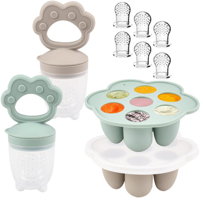 Ginbear Baby Fruit Food Feeder & Popsicle Molds Combo (Set of 2), Silicone Teething Feeders with Freezer Tray for Infants 4 Months+ (Pink/Lilac)