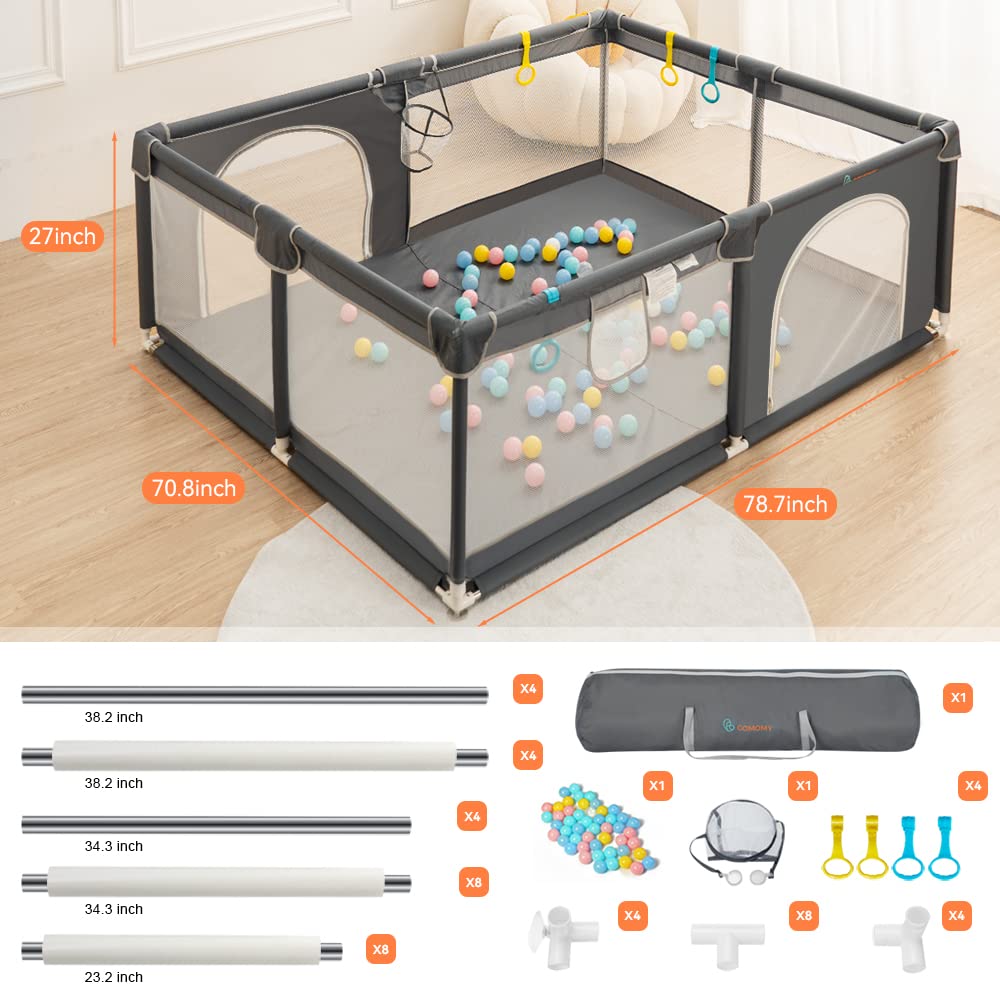 COMOMY Playpens for Babies and Toddlers, Small Baby Play Pens, Activity Center for Safe and Non-Slip Baby Fence, Full Mesh Design, Indoor & Outdoor Kids Activity Center (Dark Grey, 36"x36")