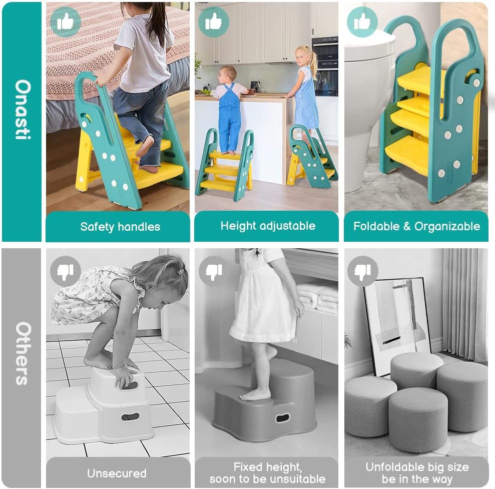 Onasti Foldable Toddler Step Stool for Bathroom Sink, Adjustable 3 Step Stool for Kids Toilet Potty Training Stool with Handles, Child Kitchen Counter Stool Helper, Plastic Ladder for Toddlers Pink
