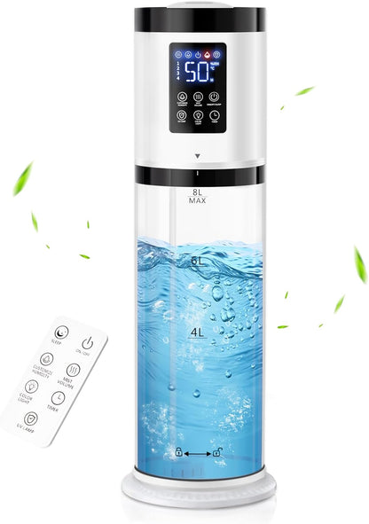 8L Humidifiers for Bedroom, 30dB Quiet, 500ft² Coverage, 60H Runtime, Top Fill, 3-in-1 Humidifier Large Room & Essential Oil Diffuser & Ambient Light, Sleep Mode, 16H Timer, Auto Shutoff Protection
